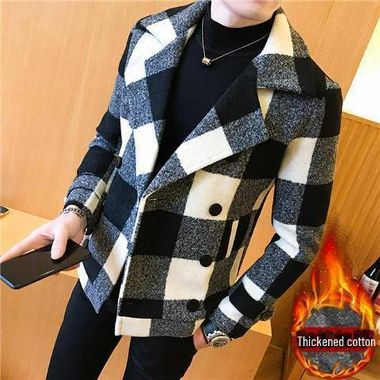 Men's Slim Double-Breasted Plaid Wool Trench Coat – Stylish Korean Suit Collar
