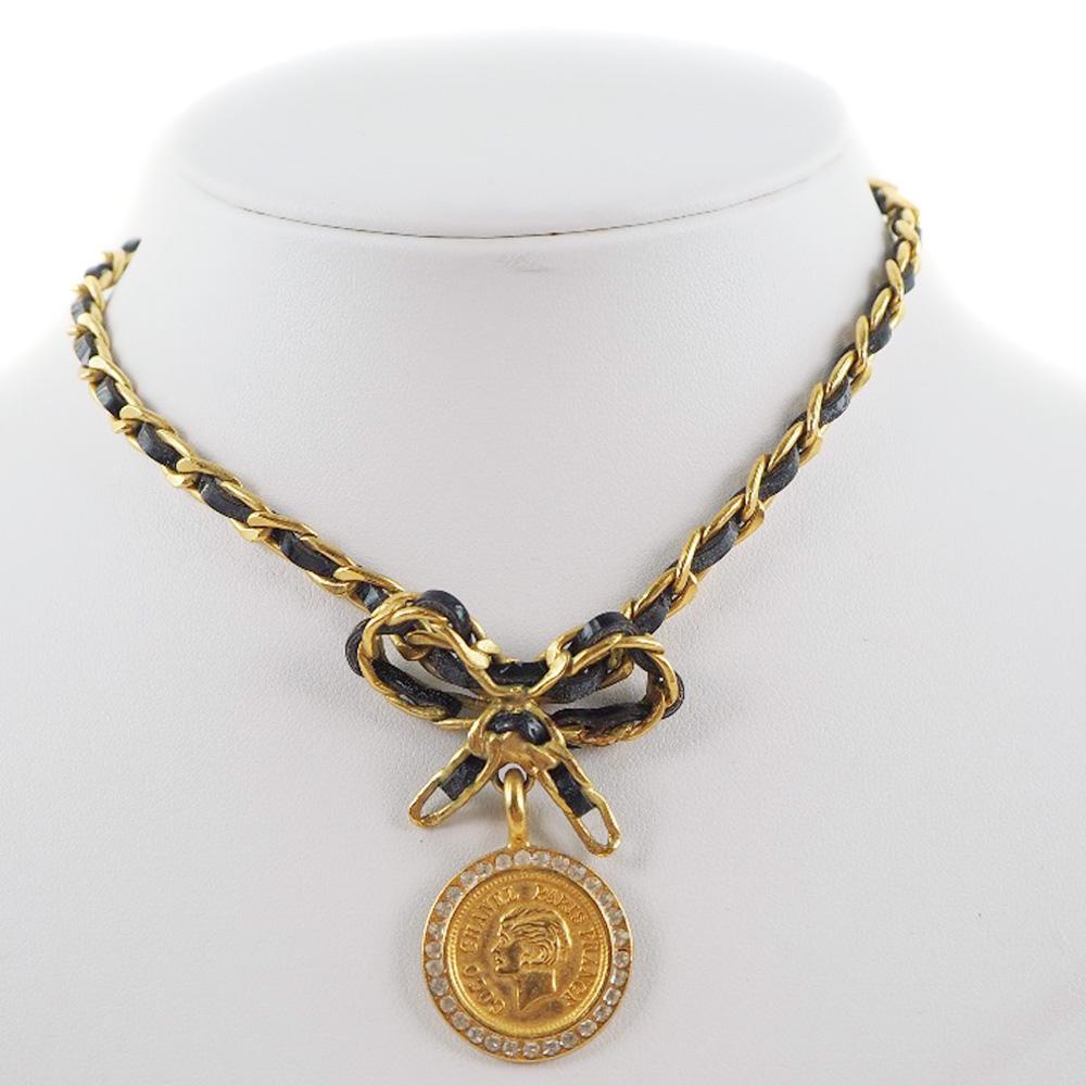 Chanel Collar de cinta con moneda gargantilla vintage chapado en oro/negro Cinta de oro/pedrería 23.7g Mujer Usado