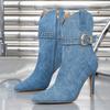 Fashion Liyke Western Style Cowboy Boots For Woman Fashion Rivet Belt Buckle Ankle Booties Pointed Toe Blue Denim High Heels Pumps Shoes
