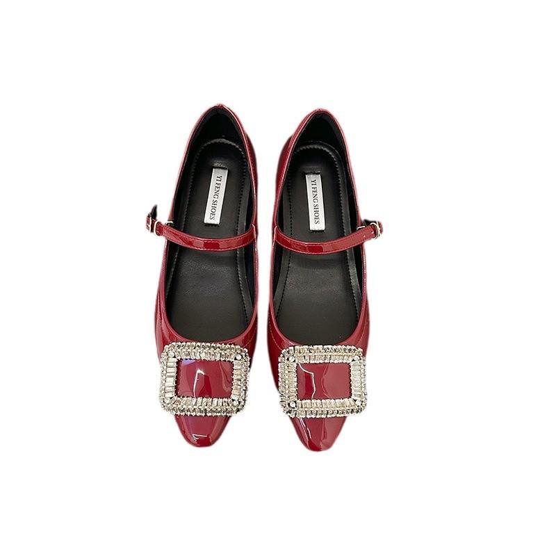 Small inner height increase single shoes women's patent leather one-word buckle 2025 new French rhinestone flat Mary Jane women's shoes