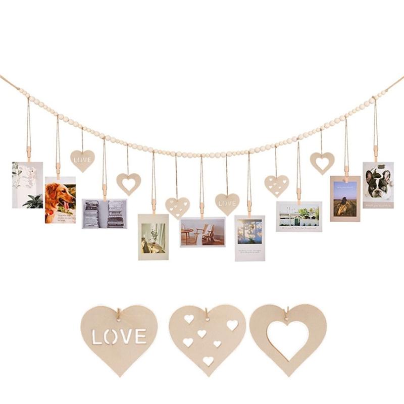 Hanging Photo Display with 9Clips Photo Holders for Hanging Wooden Beads Garland Collage Picture Frame Wall Decors