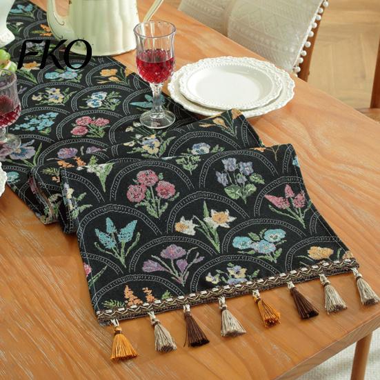 Decorative Table Runner Jacquard Floral Runner, Vintage with Tassel Edges, Farmhouse for Wedding Baby Shower Dining Decor Soft