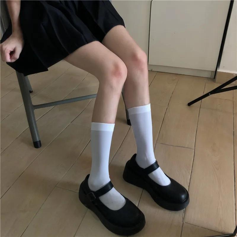 Black White Long Socks Stockings Women JK Japan Style Solid Color Thigh High Stockings High School Girls Striped Knee High Socks
