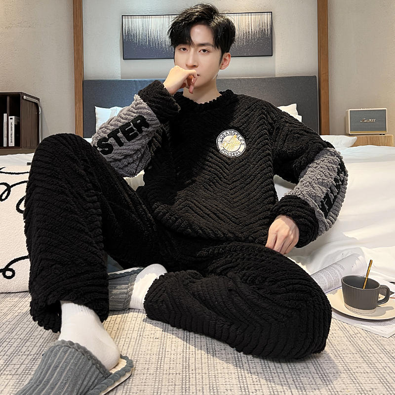 Winter Men Fleece Casual Long Sleeve Pajamas Set Coral Velvet Cute Cartoon Sleepwear Plush Thicken Warm Homewear
