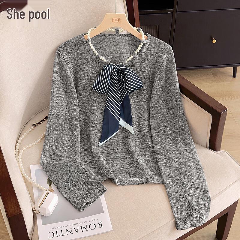 

Women s Autumn Solid Round Neck Knit Pullover One Size