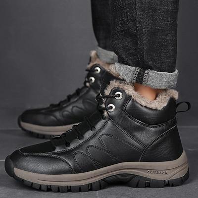 Autumn and Winter Leather Plush Hiking Shoes Large Men's Warm Cotton Shoes Outdoor Sports Shoes Snow Boots