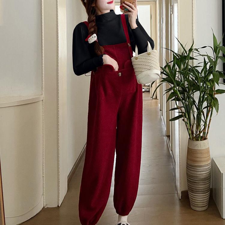 Adjustable Drawstring Maternity Overalls Set with Bubble Sleeve Top for Fall & Winter