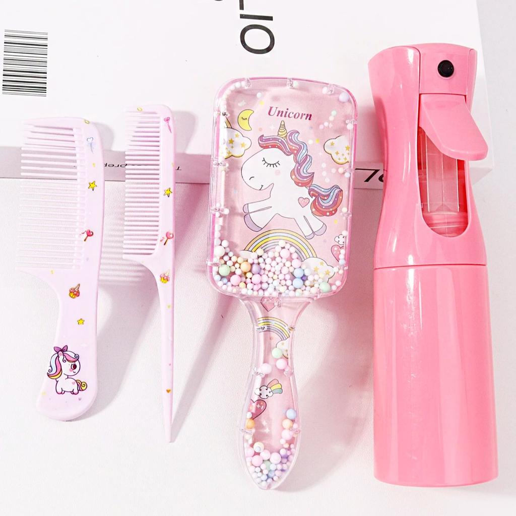 4pcs hair styling set, 200ml spray bottle, cute cartoon pattern square hair brush and 2 combs, Special for real hair wigs