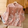Spring and Summer Embroidered Shirt Women's New Stand-up Collar Diagonal Placket Button-up Shirt Cotton and Linen Seven-quarter Sleeve Top