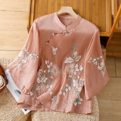 Spring and Summer Embroidered Shirt Women's New Stand-up Collar Diagonal Placket Button-up Shirt Cotton and Linen Seven-quarter Sleeve Top