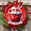 Sweet Valentine Red Coffee Cup Wooden Sign, Round Front Door Decor, Heart & Rose Wall Hanging - Ideal Romantic Gift for Valentine's Day