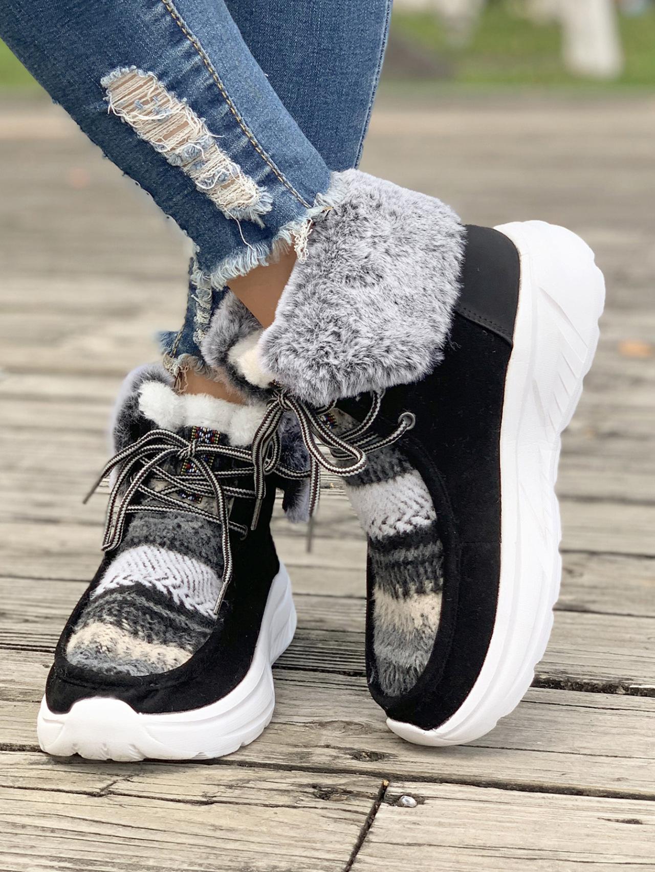 

Осенне-зимние новые теплые ботинки с круглым носком и мехом для снега, женские европейские и американские, на шнуровке, большие размеры, с плоским дном, с толстой подошвой, из хлопка 36 чёрный