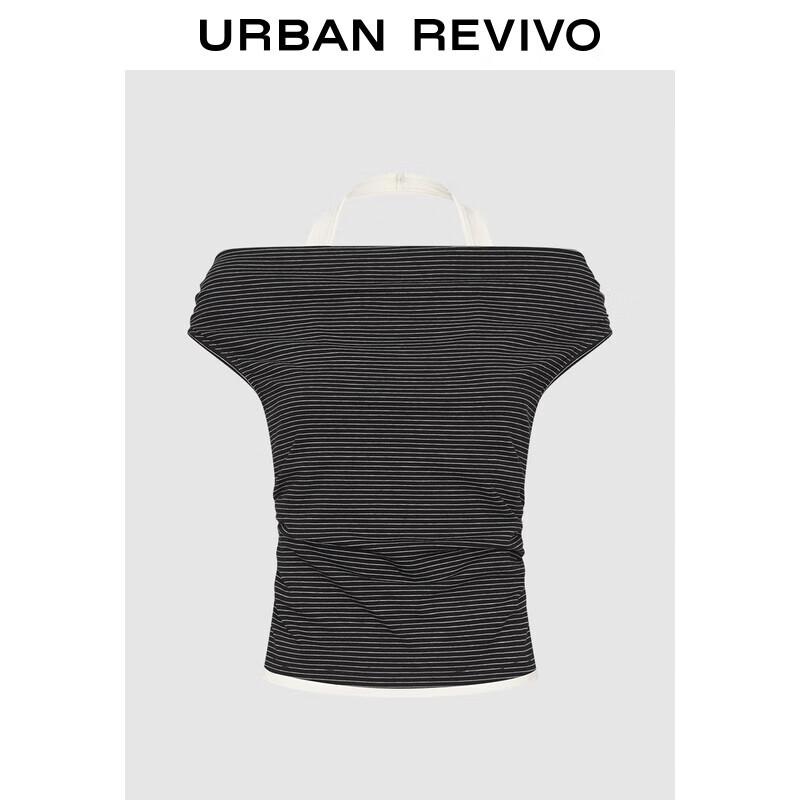 

UR 2025 Autumn Women s Halter Neck Striped Pleated T-Shirt XL