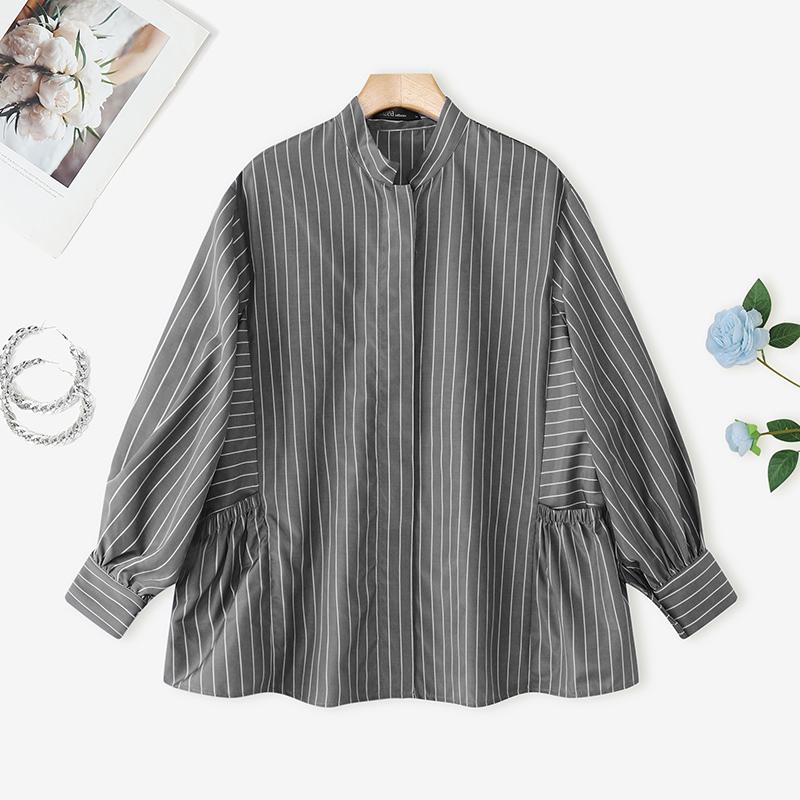 ZANZEA Women Casual Stand Collar Loose Long Sleeve Stripe Blouse