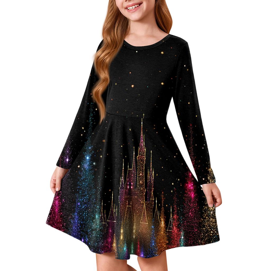 Dívčí princeznovské šaty - Tričkové šaty áčkového střihu s dlouhým rukávem na Štědrý den