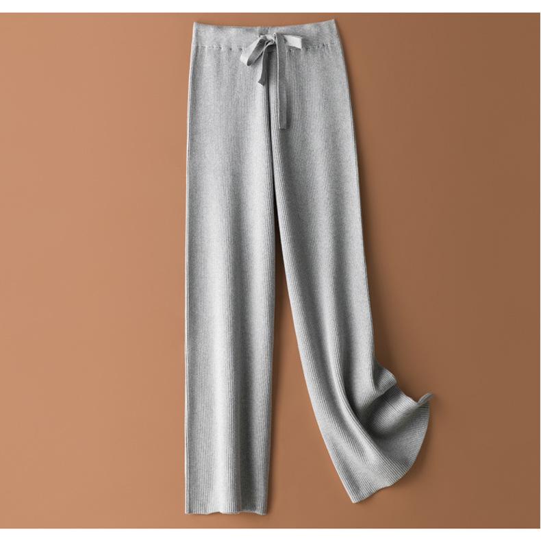 

White Knit High-Waist Wide-Leg Pants - Women s Autumn/Winter Thick Loose Floor-Length Elastic Trousers One Size (85-125 kg) світло-сірий колір