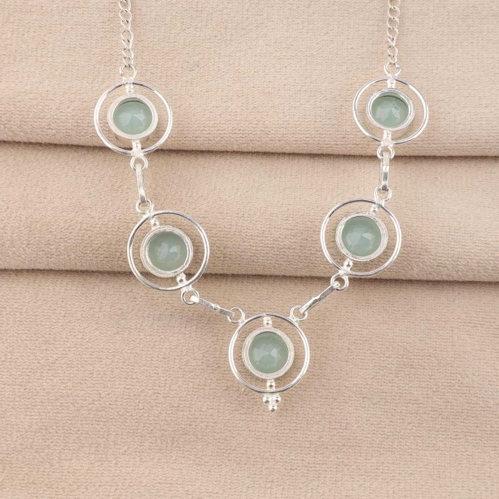 Collana Pietra Dura Calcedonio Azzurro, Collana Fatta a Mano in Argento Sterling 925, Elegante Collana da Sposa RN-2-18