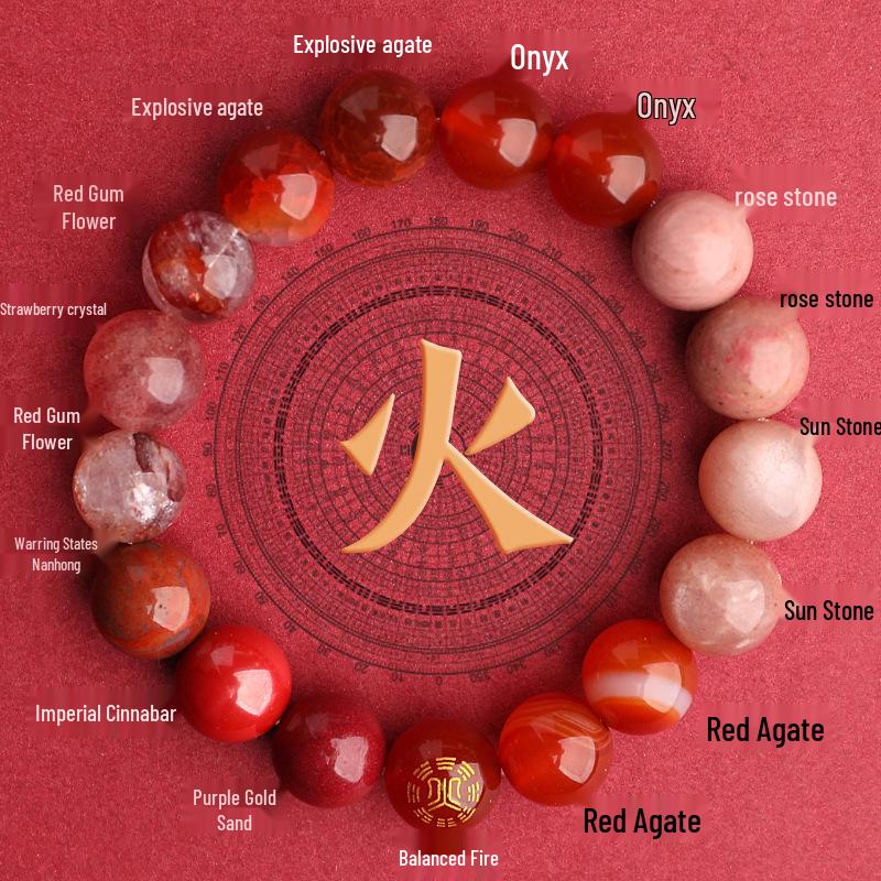 Five Elements Red Agate Fire Balance Bracelet with Cinnabar - Unisex Jade Crystal for Fire Element Support