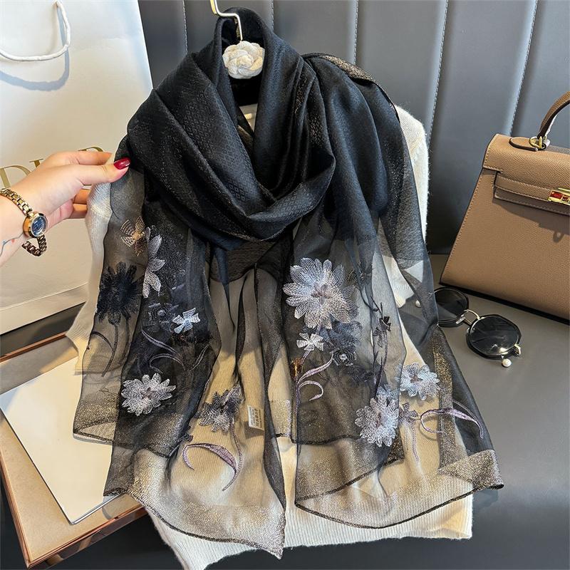 Luxury Silk Shawl Scarf For Women Design Embroidery Flowers Hijab Wraps Bufandas Female Headkerchief Fouloud Echarpe