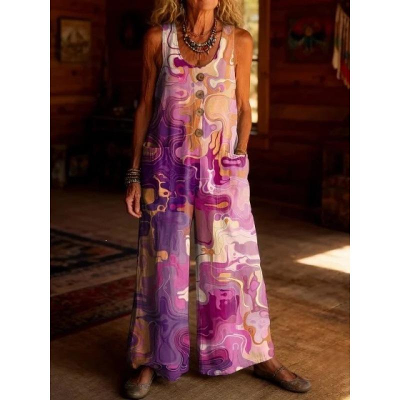 Women s Vintage Summer Cotton and Linen Button Pocket Comfortable Sleeveless Casual One-piece Wide Leg Jumpsuit S