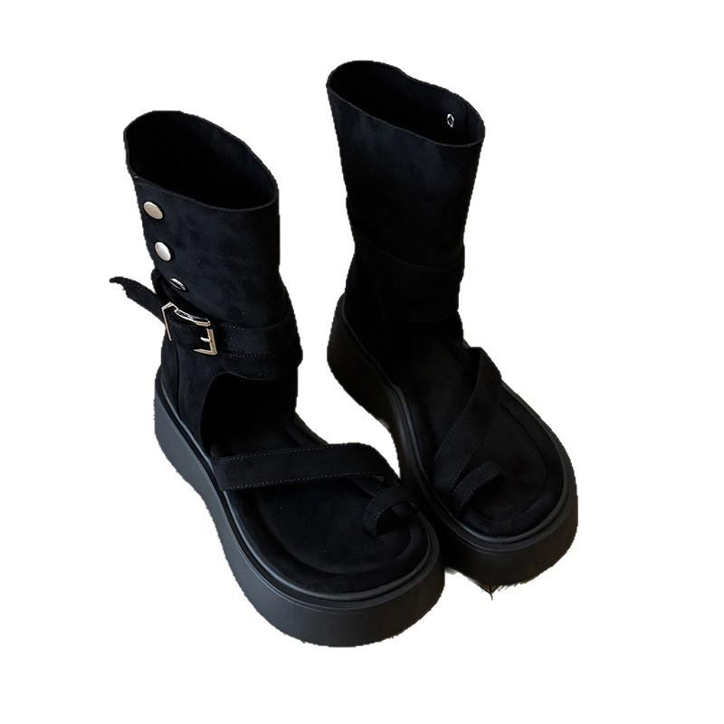 Thick-soled retro mid-top Roman sandals women's 2025 summer new Internet celebrity design sense niche toe heightening cool boots