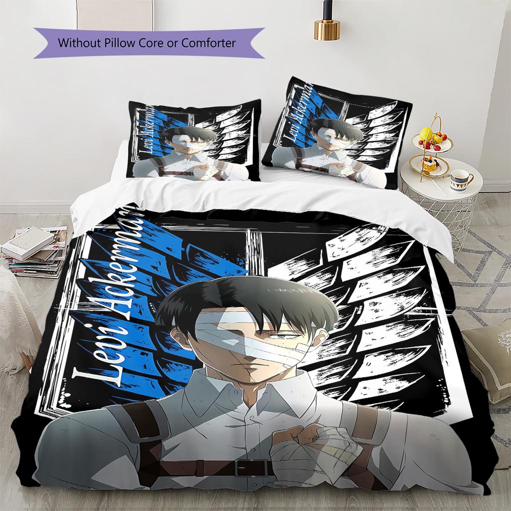 Pościel z motywem Attack on Titan, Zestaw kołdry Poszewka na kołdrę Poszewka na poduszkę Domowy prezent urodzinowy (1 * poszwa na kołdrę + 2 * poszewki na poduszki, bez rdzenia)