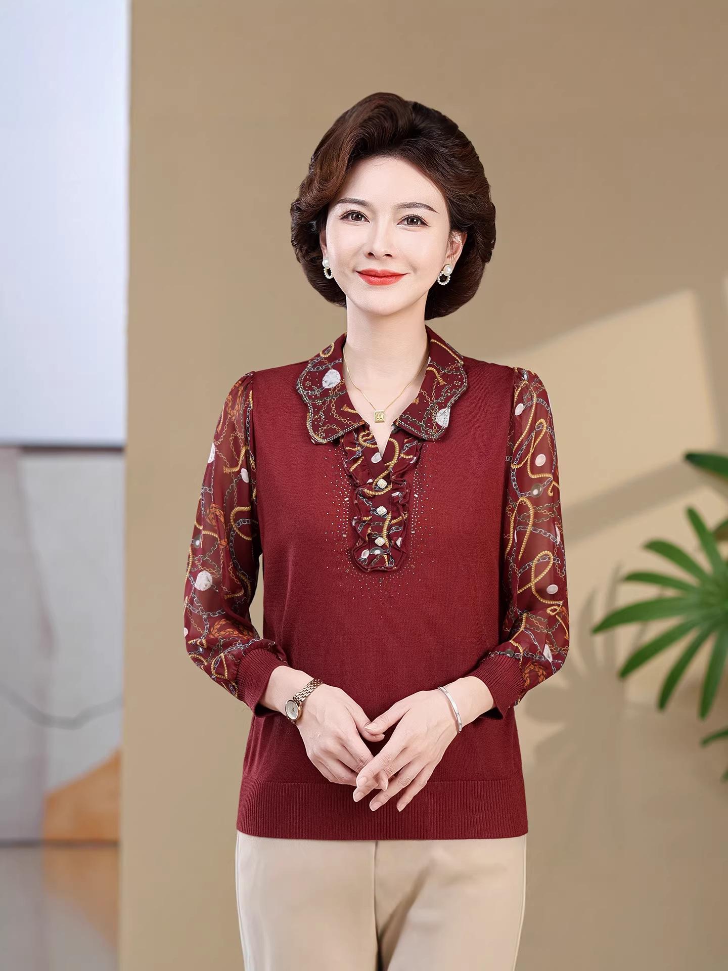 New Stylish Plus Size Knit Sweater for Middle-Aged & Elderly Women, Gauze Sleeve Long-Sleeve Top with Lapel XL (for 120-135 jin) красный