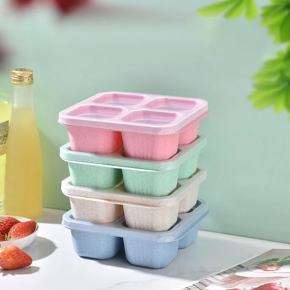 4-Grid Wheat Straw Snack Storage Box With Lid Stackable Anti-Slip Fruit Container For Kitchen Or Office