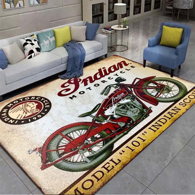 Retro plyšový koberec Indian Motorcycles, okna v ložnici, domácí dekorační koberec u postele, dárek pro muže na motocykly pro těžký provoz
