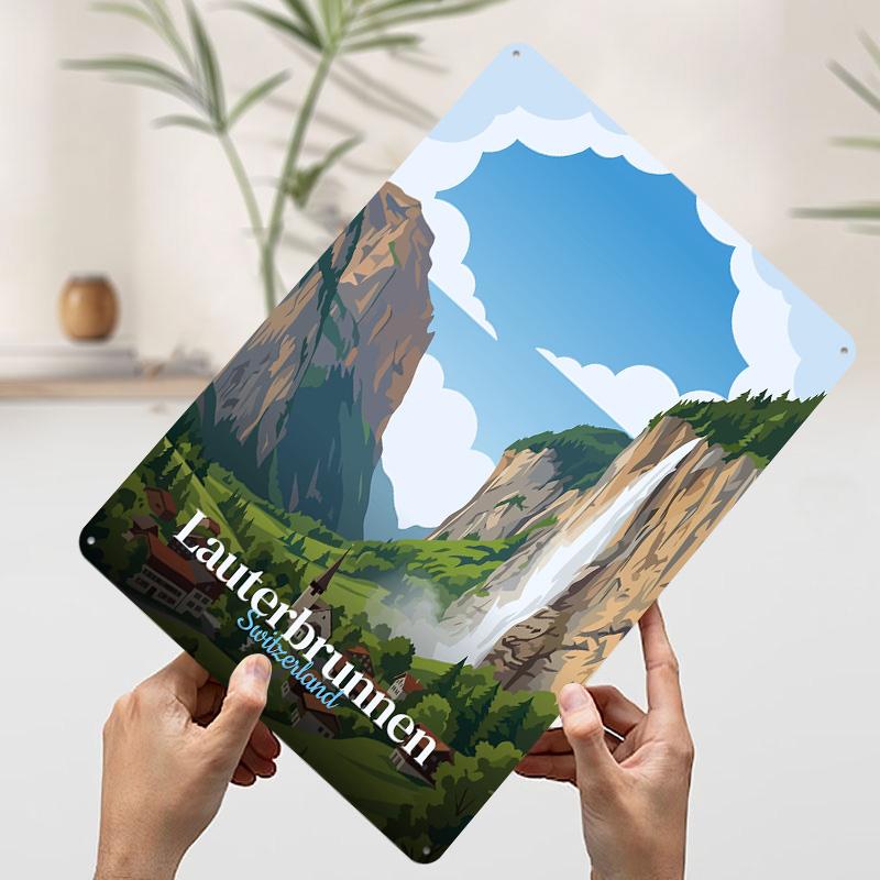 Lauterbrunnen Switzerland Travel Tinplate Poster Customized Wall Art Vintage Retro Metal Signs for Bathroom Decor Man Cave Room 7.9x11.8In(20x30cm)