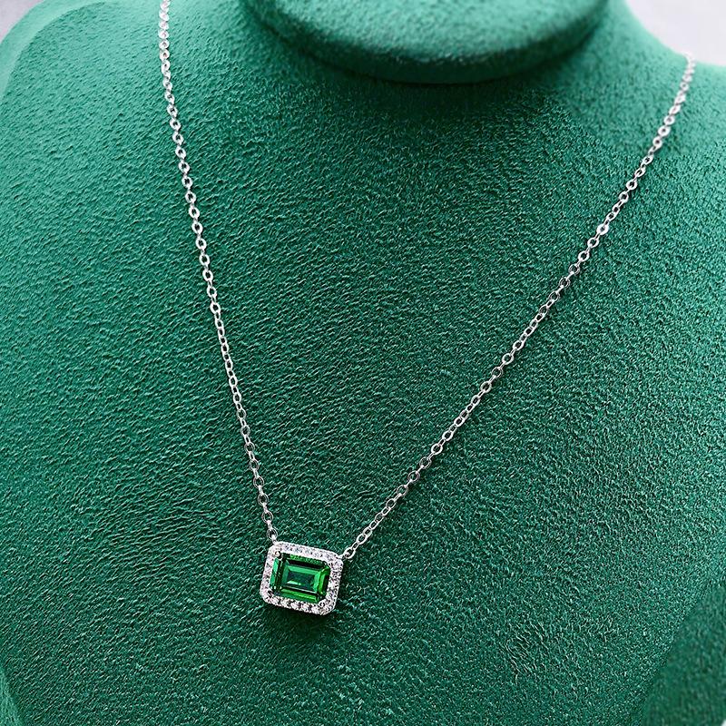 SpringLady 100% 925 Sterling Silver 6*8mm Synthetic Emerald Pendant Necklace For Women Sparkling Wedding Fine Jewelry Gift
