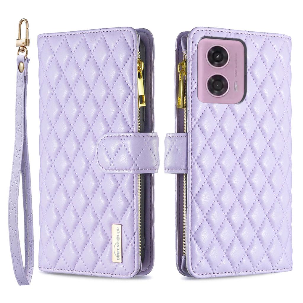 BINFEN COLOR BF Style-15 For Motorola Moto G45 5G/G34 5G Wallet Phone Case Grid Imprinted Cover Zipper Pocket