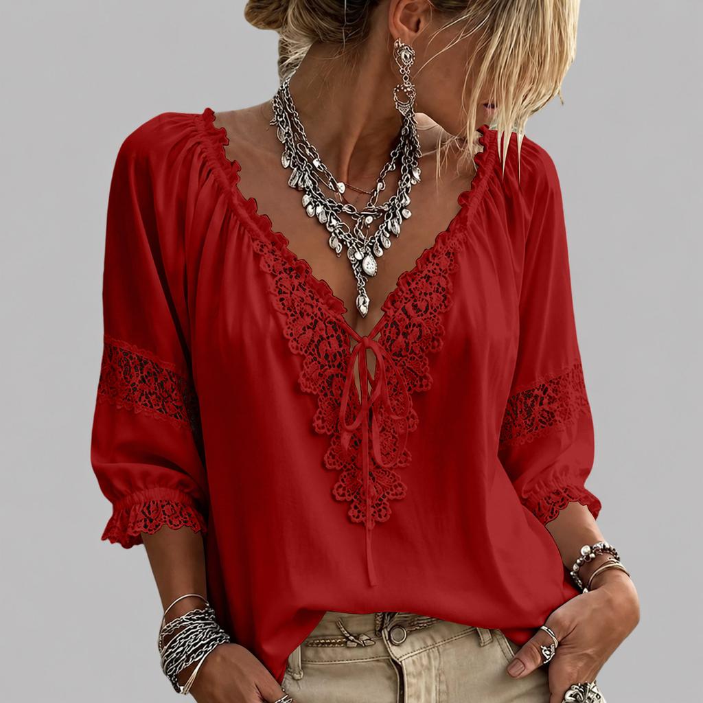 Camicetta Elegante da Donna con Scollo a V, Bordi in Pizzo, Patchwork e Maniche a Tre Quarti