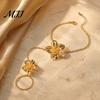 Fashionable Flower Link Bracelet Gold Hand Chain with Finger Ring for Sophisticated Banquet Accessories Women, Hibiscus Flowers O Bracelet,