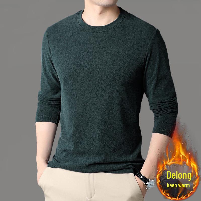 

Men s 2026 Double-Sided Velvet Seamless Long Sleeve T-Shirt - Warm Autumn/Winter Solid Color Round Neck 5XL темно-зелений колір