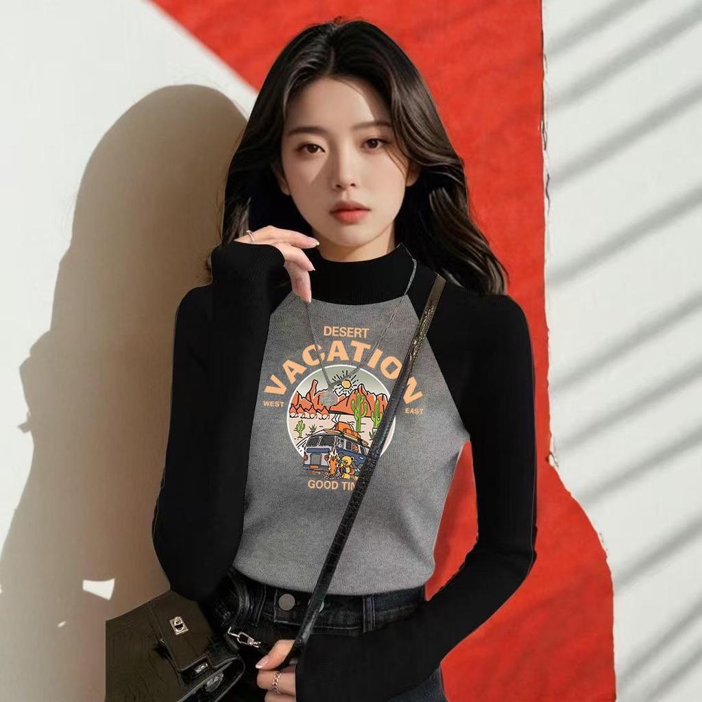 Women's Chic Velvet Raglan Color Block Slimming Long Sleeve Stand-up Collar T-Shirt