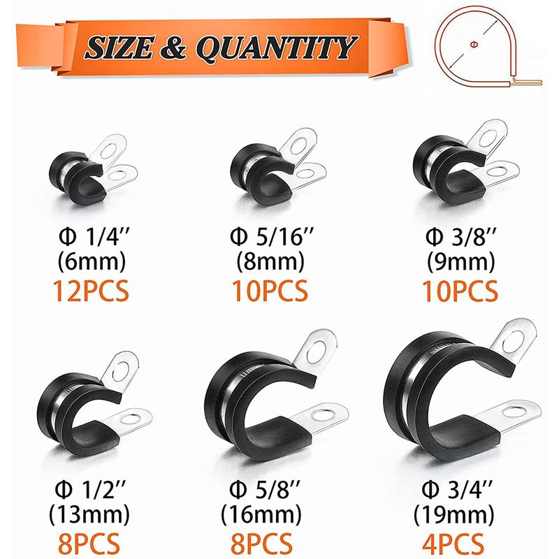 52pcs 304Stainless Steel Wire Pipe Hose Clamps Clips Insulated Clamp Cable Clamp Cable Organizer Rubber High Quality Kit Mikalor