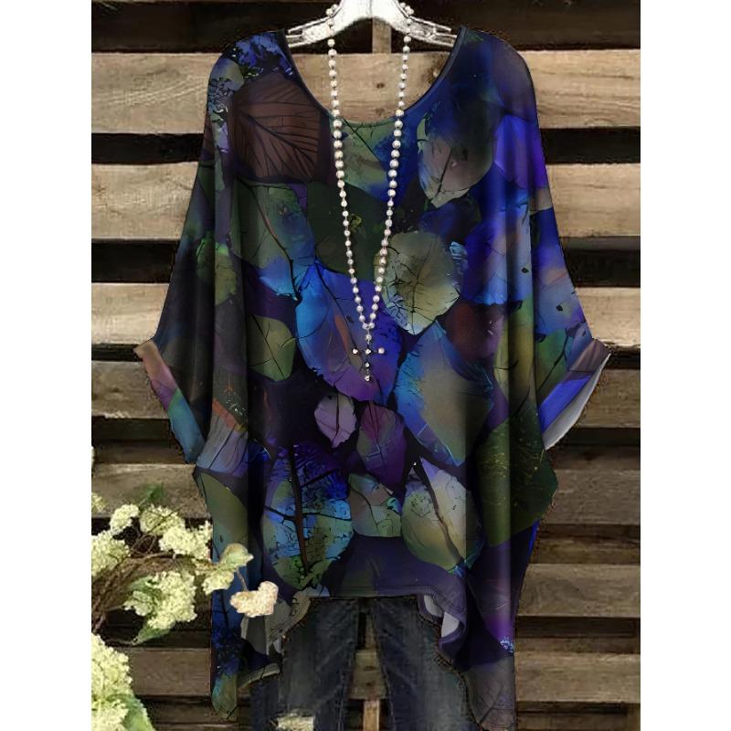 Летняя мода Новый продукт Большой круглый вырез Цветной принт с узором из листьев 1XL