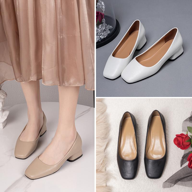 New Square Head Shallow Mouth Square Heel Small Leather Shoes Women's Elegant Fashion High Heels Dress Shoes Zapatos Mujer