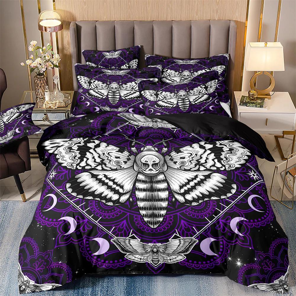 Luxury Black Bedding Set With Galaxy Print, Galaxy Duvet Cover, Galaxy, Starry Sky, Butterfly, Skull, Moth,Halloween Quilt Sets