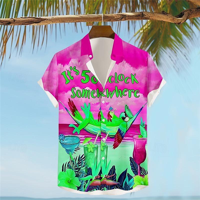 Men's Letter Parrot Summer Hawaiian Shirt Aloha Short Sleeve Shirt Turndown Vacation Hawaiian Resort