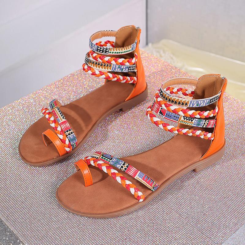

Fashion Summer New Bohemian Style Flat Sandals for Women Vintage Colorful Ribbon Combination Gladiator Flats Woman Back Zip Rome Sandals 35