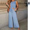 Factory Direct Cross-border New American Solid Color Loose Fashion Long-sleeved Denim Suit European and American Style Wide-leg Pants