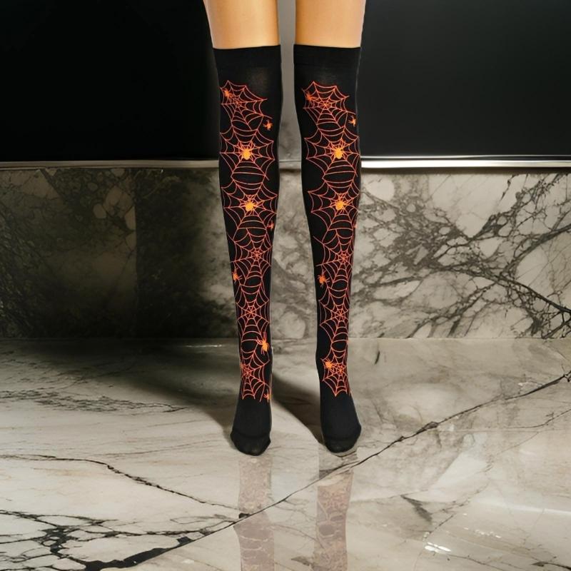 Women Sexy Harajuku Gothic Spiderweb Pattern Over Knee Socks Stretchy Thigh High Stockings for Halloween Cosplay Costume