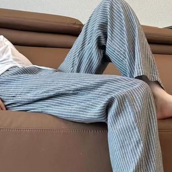 

Серые полосатые хлопково-льняные брюки, тонкие повседневные брюки на кулиске для лета XL