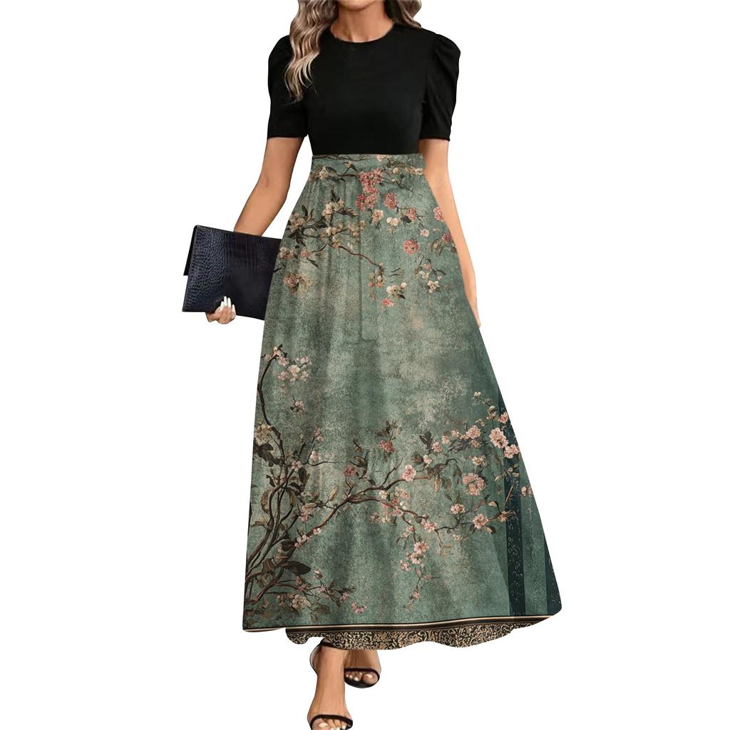 Women's Fashionable Casual Belt Short Sleeved Round Neck Print Elegant Temperament Dress
