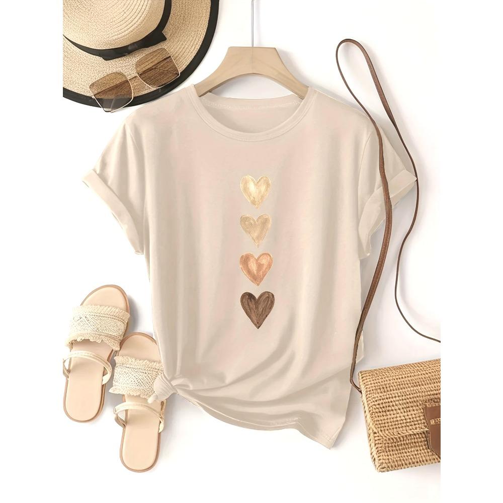 Women's Casual Short Sleeve T-Shirt with Four Heart Graphic Print Golden Medium Round Neck Novelty T-Shirt Clothes