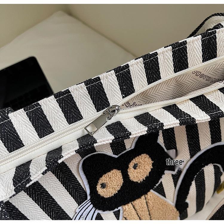 Korean Striped Cartoon Chenille Embroidery Canvas Bag - Large Capacity Cute Girl's Trendy Tote