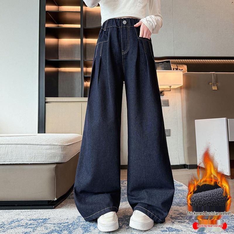 

2025 Джинсы для девочек темно-синие с широкими штанинами на флисовой подкладке - Стильные осенне-зимние брюки для учениц средней школы 140cm