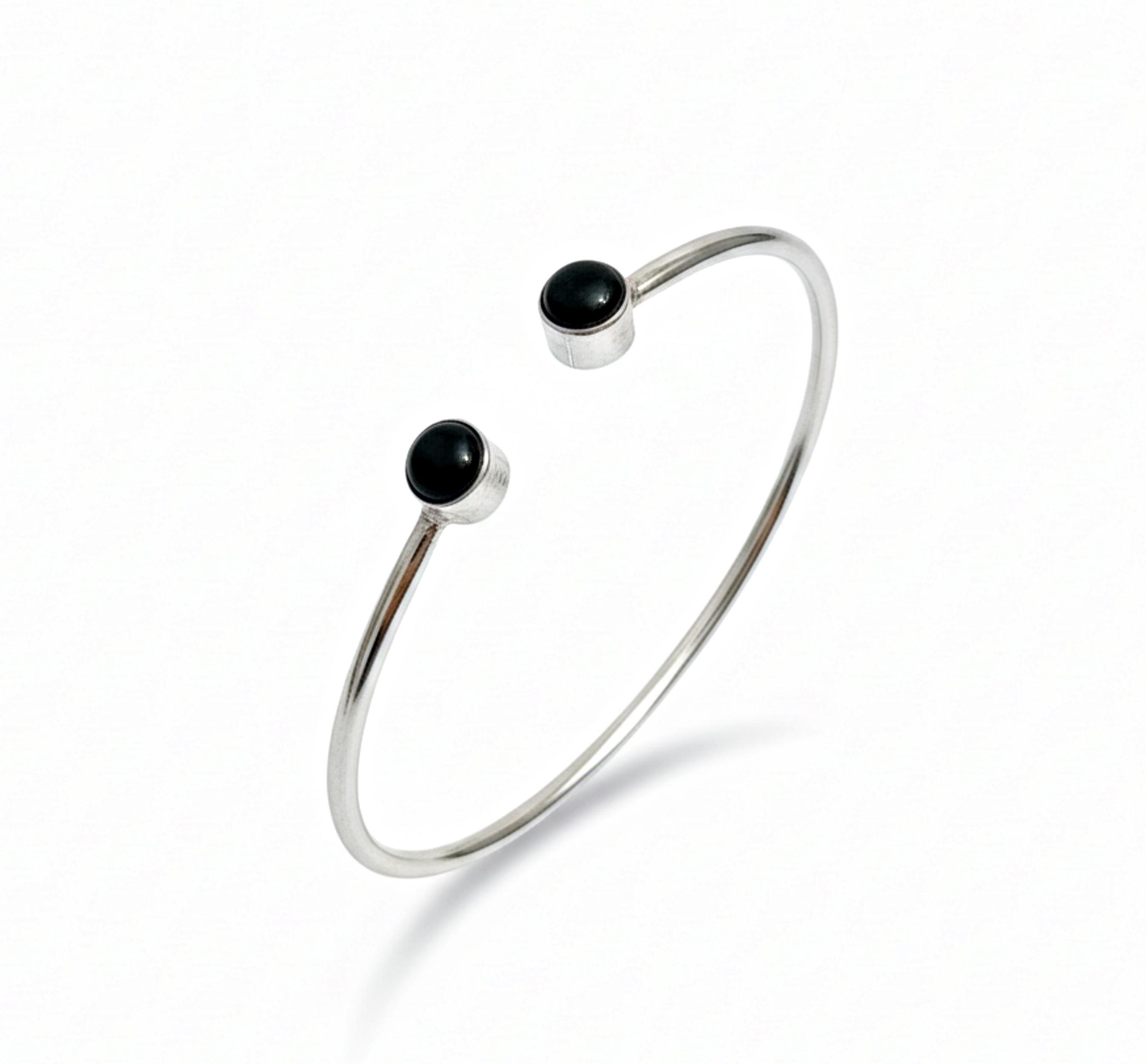 

925 Solid Sterling Silver Black Onyx Bracelet, Twin Gemstone Adjustable Bangle for Women Adjustable серебряный